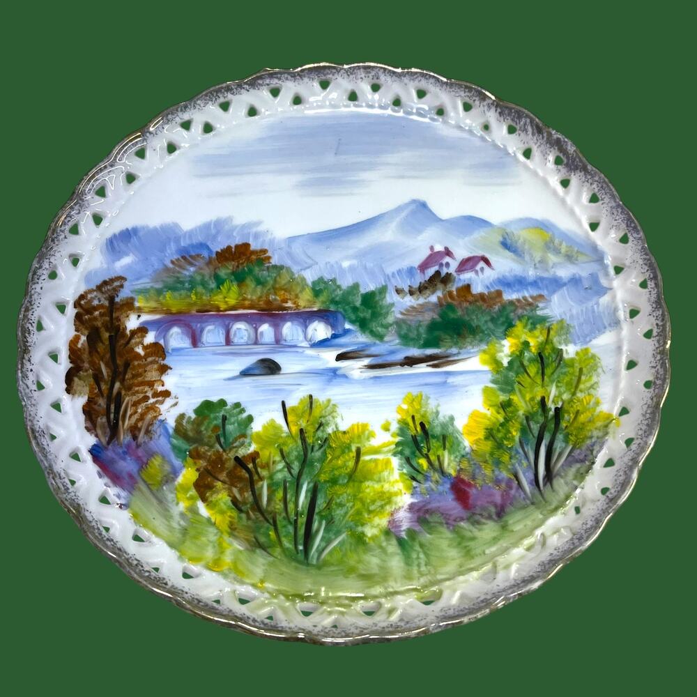Vintage Hand Painted Porcelain Landscape Plate Pierced Rim Gold Trim 8"